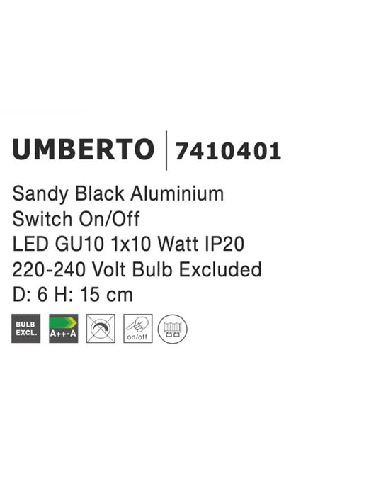 UMBERTO Black Metal Switch On/Off LED GU10 1x10 Watt 230 Volt IP20 Bulb Excluded D: 15 H: 15 cm Rotating & Adjustable