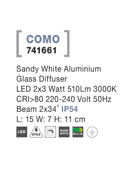 COMO Sandy White Alum. Glass Diffuser LED 2x3 Watt 510Lm 3000K L: 15 W: 7 H: 11 cm IP54