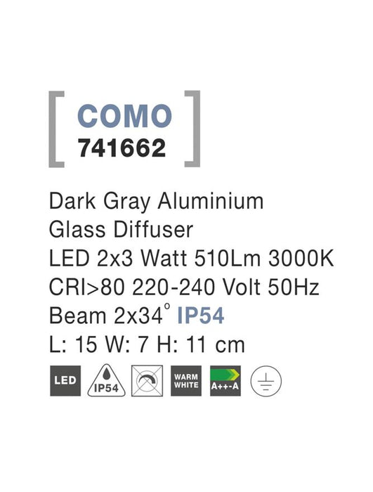 COMO Dark Gray Alum. Glass Diffuser LED 2x3 Watt 510Lm 3000K L: 15 W: 7 H: 11 cm IP54