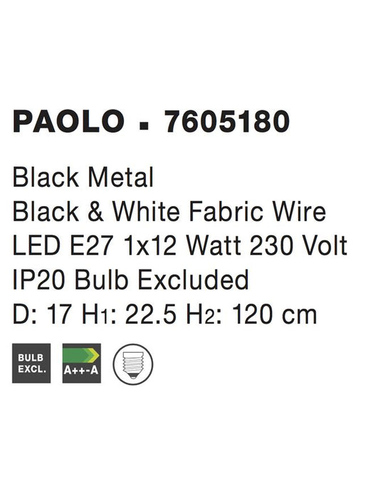 PAOLO Pendant Light Matt Black Metal Black & White Fabric Wire LED E27 1x12W D: 17 H1: 22.5 H2: 120 cm