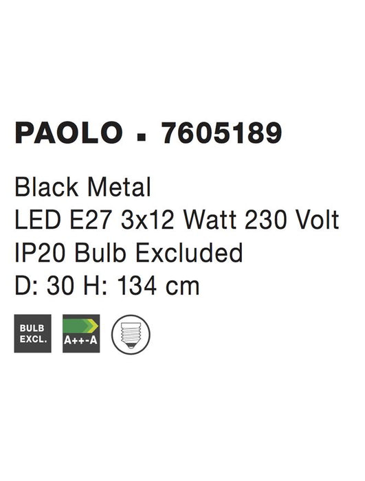 PAOLO Pendant Light Matt Black Metal Black & White Fabric Wire LED E27 3x12 W D: 30 H: 134 cm