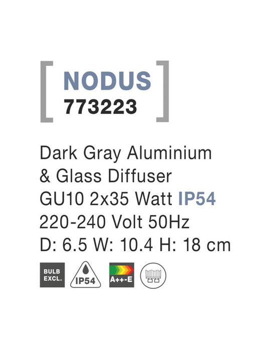 NODUS Dark Gray Aluminium & Glass Diffuser GU10 2x35 Watt D: 6.5 W: 10.4 H: 18 cm IP54
