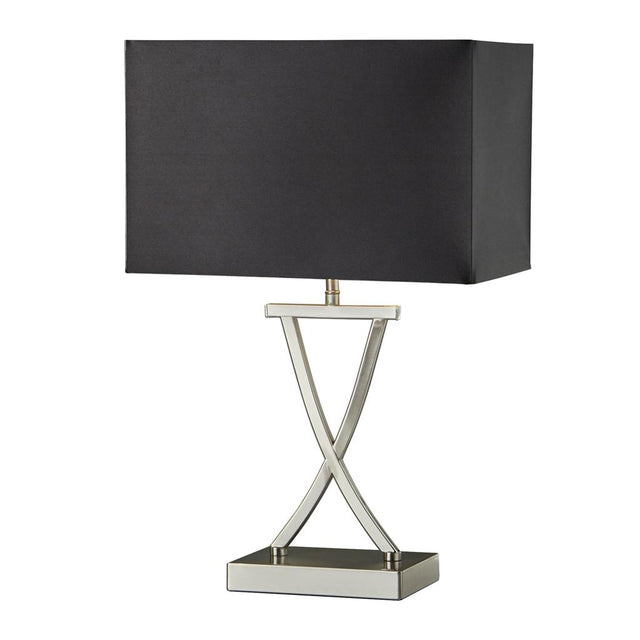 CLUB TABLE LAMP X BASE, SATIN SILVER, BLACK RECTANGLE SHADE