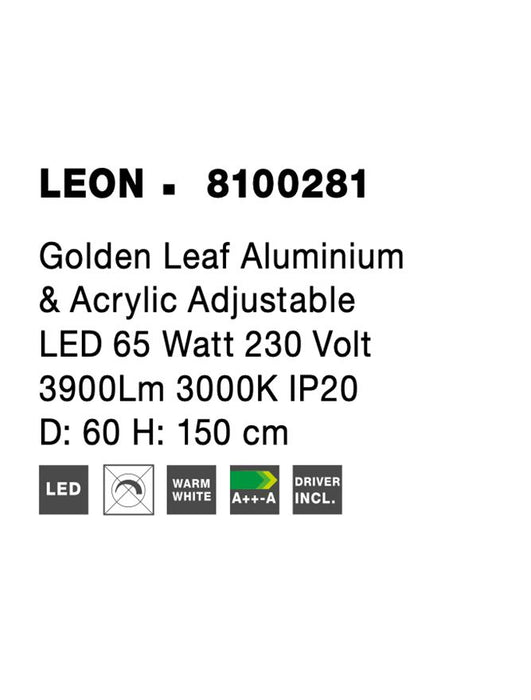 LEON Golden Leaf Aluminium & Acrylic Adjustable LED 65 Watt 230 Volt 3900Lm 3000K IP20 D: 60 H: 150 cm