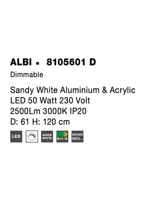 ALBI Sandy White Aluminium & Acrylic LED 50 Watt 230 Volt 2500Lm 3000K IP20 D: 61 H: 120 cm