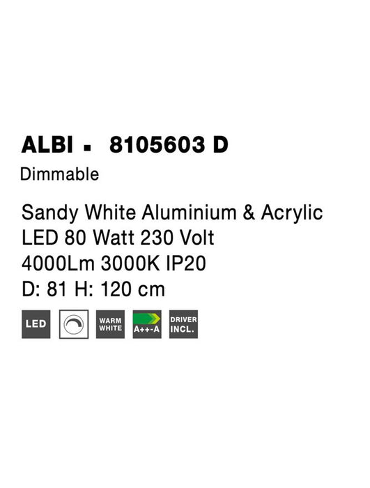 ALBI Sandy White Aluminium & Acrylic LED 80 Watt 230 Volt 4000Lm 3000K IP20 D: 81 H: 120 cm