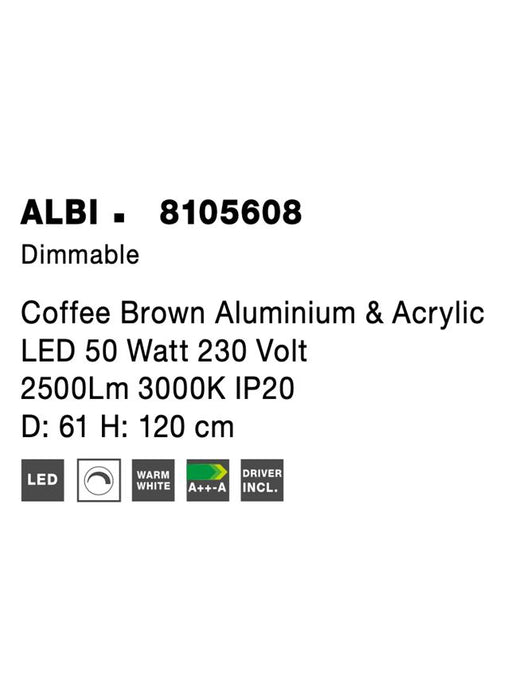 ALBI Coffee Brown Aluminium & Acrylic LED 50 Watt 230 Volt 2500Lm 3000K IP20 D: 61 H: 120 cm