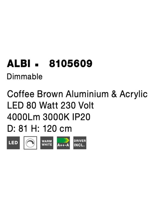 ALBI Coffee Brown Aluminium & Acrylic LED 80 Watt 230 Volt 4000Lm 3000K IP20 D: 81 H: 120 cm