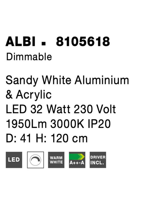ALBI Sandy White Aluminium & Acrylic LED 32 Watt 230 Volt 1950Lm 3000K IP20 D: 41 H: 120 cm
