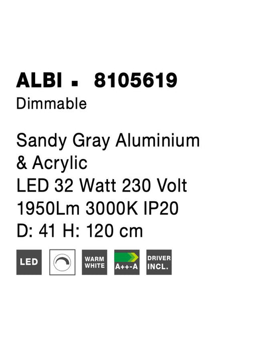 ALBI Sandy Gray Aluminium & Acrylic LED 32 Watt 230 Volt 1950Lm 3000K IP20 D: 41 H: 120 cm