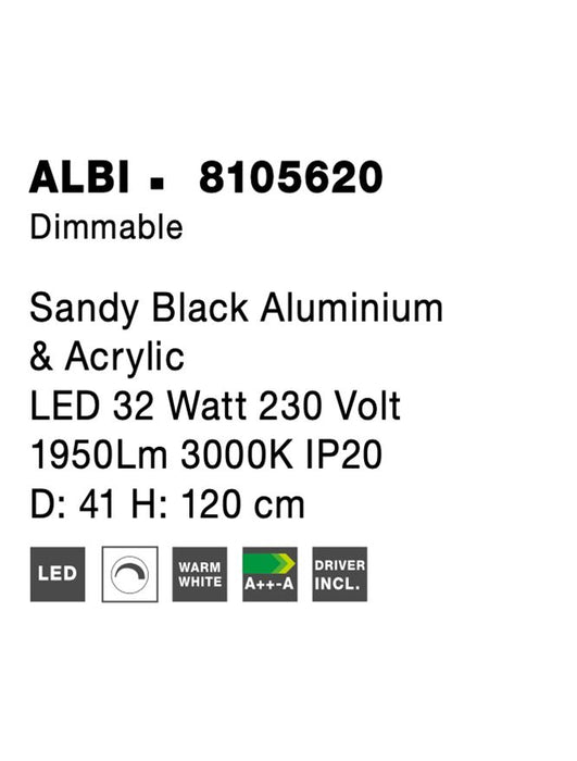 ALBI Dimmable Sandy Black Aluminium & Acrylic LED 32 Watt 230 Volt 1950Lm 3000K IP20 D: 41 H: 120 cm