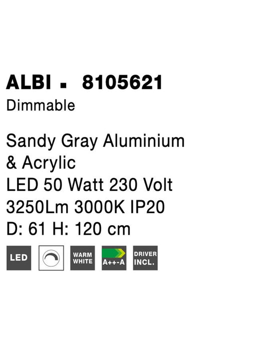 ALBI Sandy Gray Aluminium & Acrylic LED 50 Watt 230 Volt 3250Lm 3000K IP20 D: 61 H: 120 cm