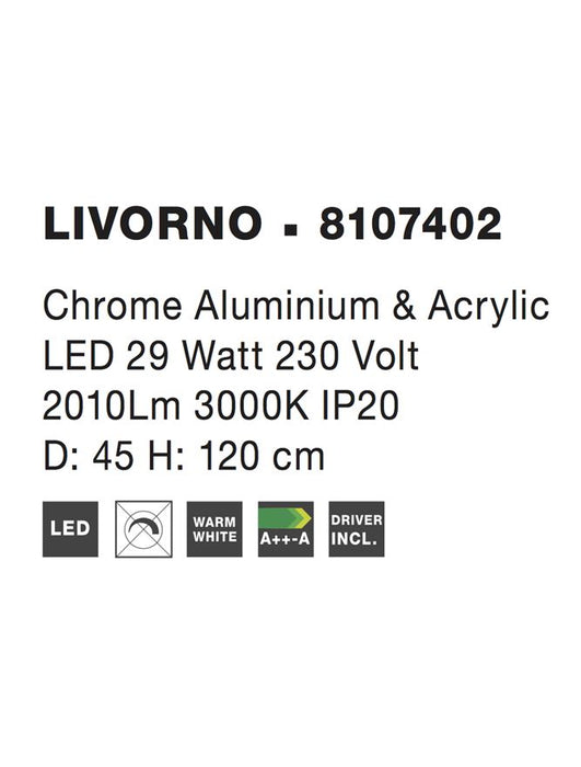 LIVORNO Chrome Aluminium & Acrylic Adjustable LED 29 Watt 230 Volt 2010Lm 3000K IP20 D: 45 H: 120 cm