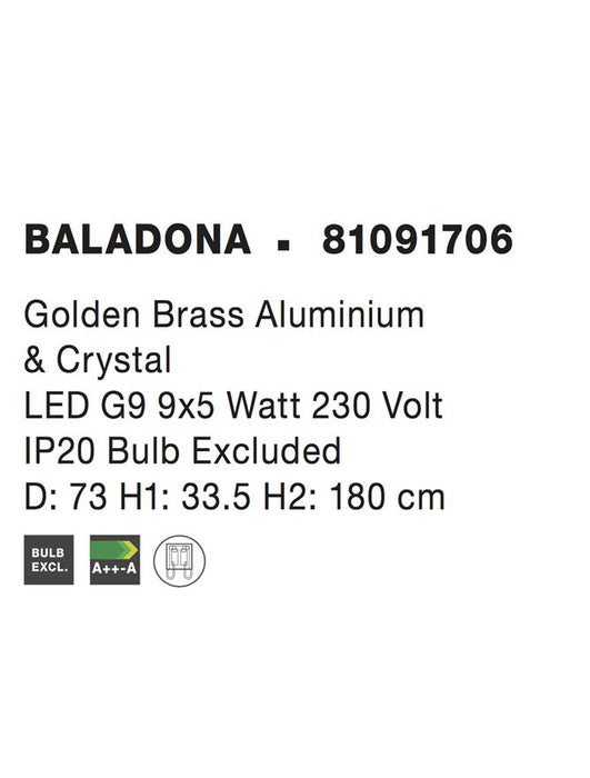 BALADONA Golden Brass Aluminium & Crystal LED G9 9x3.5W IP20 Bulb Excluded D: 73 H1: 33.5 H2: 180cm