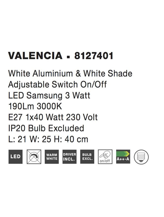 VALENCIA Wall Light Sand White Aluminium White Shade LED 3Watt 190lm E27 1x40 Watt L:21 W:25 H:40 cm