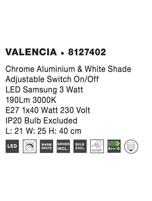 VALENCIA Wall Light Sand Satin Nickel Aluminium White Shade LED 3W 190lm E27 1x40W L:21 W:25 H:40 cm