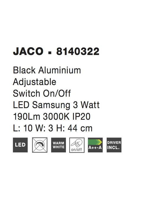 JACO Wall Light Sand Black Aluminium LED 3W 3200K L:10 W:3 H:44cm