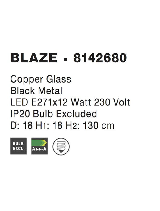 BLAZE Cooper Glass & Black Metal LED E27 1x12 Watt 230 Volt IP20 Bulb Excluded D: 18 H1: 18 H2: 130 cm