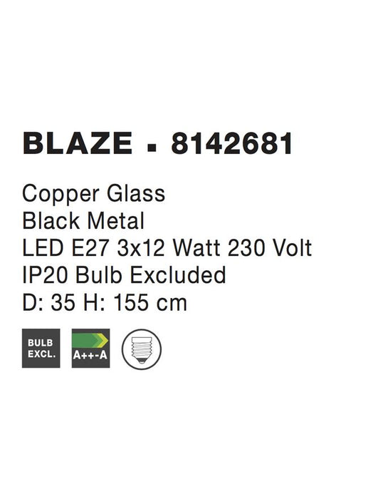 BLAZE Cooper Glass & Black Metal LED E27 3x12 Watt 230 Volt IP20 Bulb Excluded D: 35 H: 155 cm