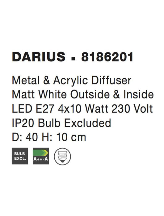 DARIUS Ceiling lamp Metal & Acrylic Diffuser Matt White Outside & Inside LED E27 4x12 Watt L:40 W:40 H:10cm