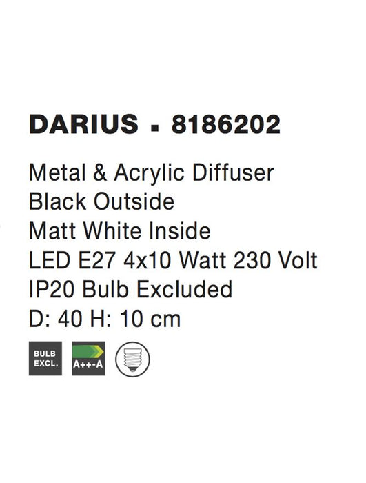 DARIUS Ceiling lamp Metal & Acrylic Diffuser Black Outside & Matt White Inside LED E27 4x12 Watt L:40 H:10cm