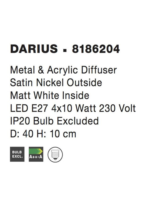 DARIUS Ceiling lamp Metal & Acrylic Diffuser Satin Nickel Outside & Matt White Inside LED E27 4x12W L:40 H:10cm