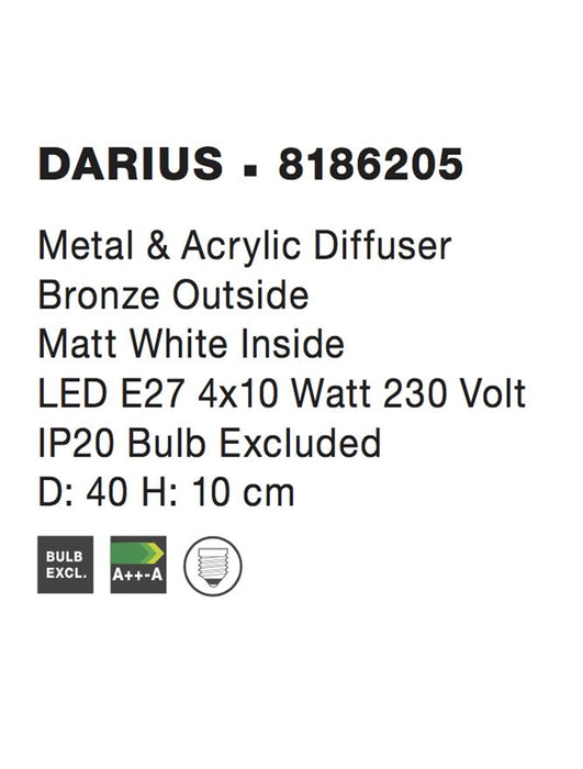 DARIUS Ceiling lamp Metal & Acrylic Diffuser Bronze Outside & Matt White Inside LED E27 4x12 Watt L:40 H:10cm