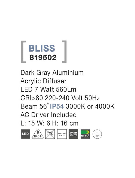BLISS Dark Gray Alum. Acrylic Diffuser LED 7 Watt 560Lm 3000K/4000K L: 15 W: 6 H: 16 cm IP54