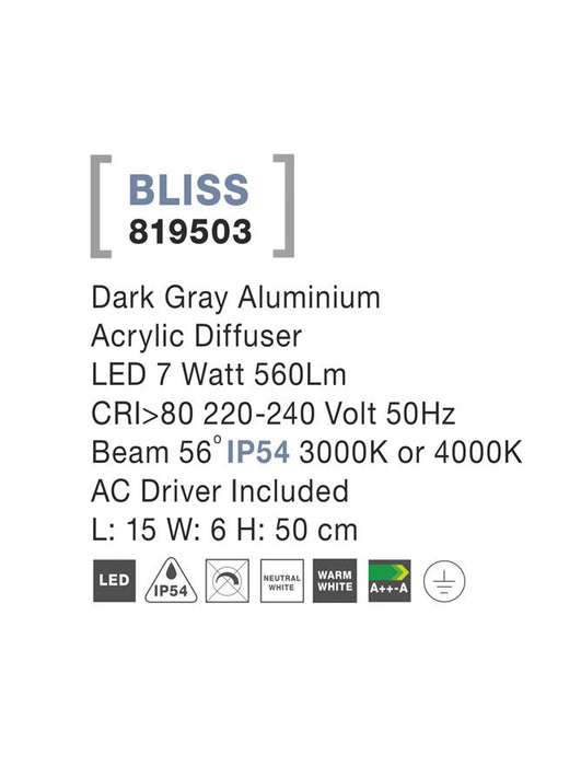 BLISS Dark Gray Alum. Acrylic Diffuser LED 7 Watt 560Lm 3000K/4000K L: 15 W: 6 H: 50 cm IP54