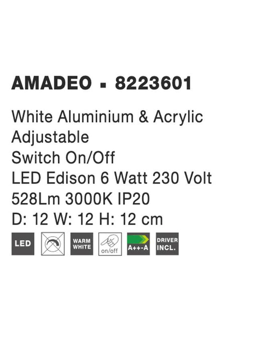 AMADEO White Aluminium & Acrylic Adjustable Switch On/Off LED Edison 6 Watt 230 Volt 528Lm 3000K IP20 D: 12 W: 12 H: 12 cm