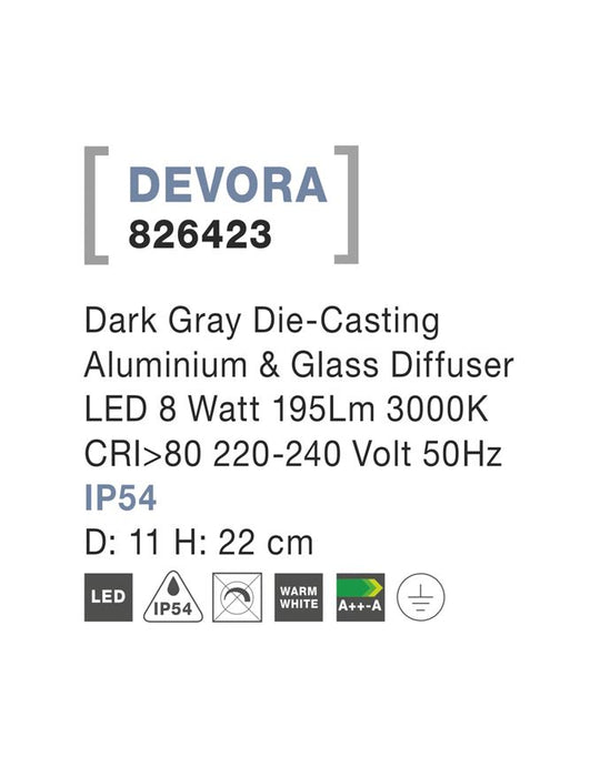 DEVORA Dark Gray Aluminium & Glass Diffuser LED 8 Watt 195Lm 3000K D: 11 H: 22 cm IP54