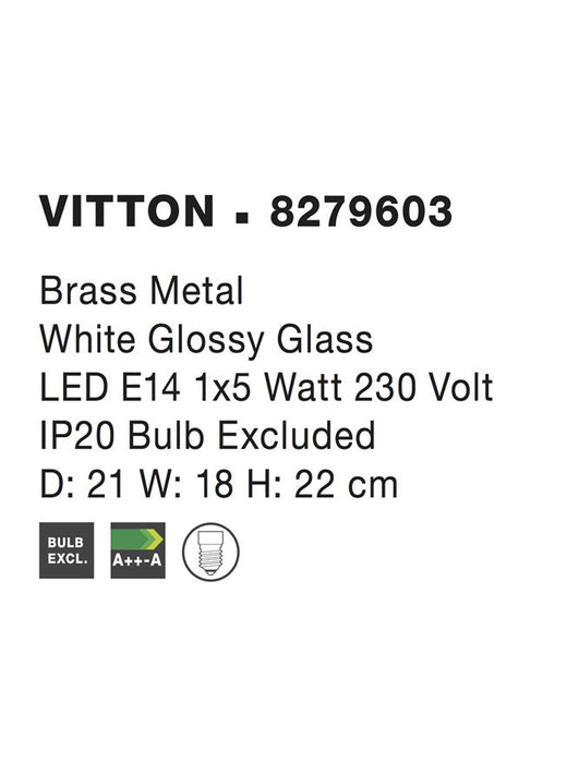 VITTON Brass Metal White Glossy Glass LED E14 1x5 Watt 230 Volt IP20 Bulb Excluded D: 21 W: 18 H: 22 cm