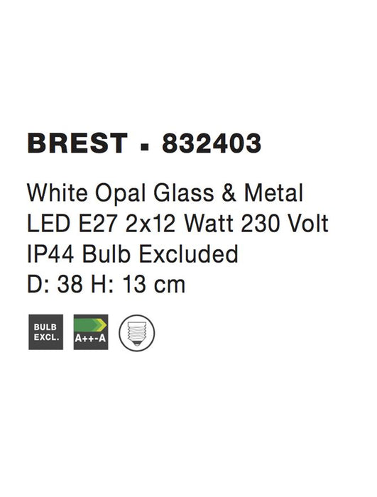 BREST Ceiling Lamp White Opal Glass & Metal LED E27 2x12 Watt D:38 H:13cm