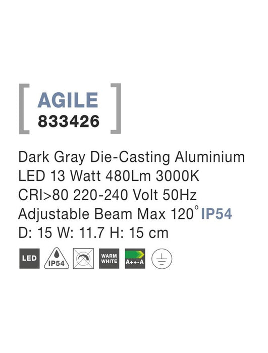AGILE Dark Gray Alum. LED 13 Watt 480Lm 3000K Adjustable Beam D: 15 H: 15 cm IP54