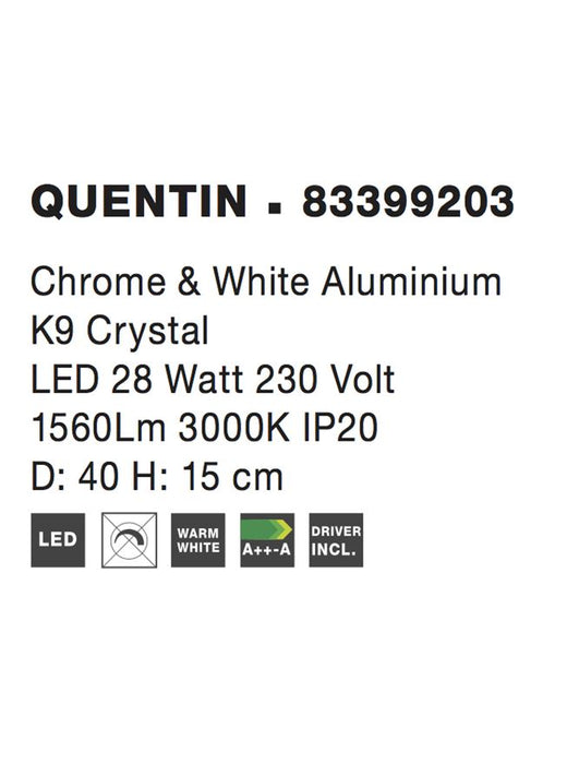 QUENTIN Chrome Aluminium & K9 Crystal LED 28 Watt 230 Volt 1560Lm 3000K IP20 D: 40 H: 15 cm