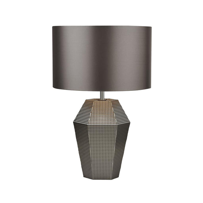 SMOKED GLASS TABLE LAMP WITH GREY DRUM SHADE