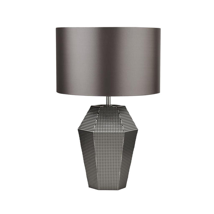 SMOKED GLASS TABLE LAMP WITH GREY DRUM SHADE