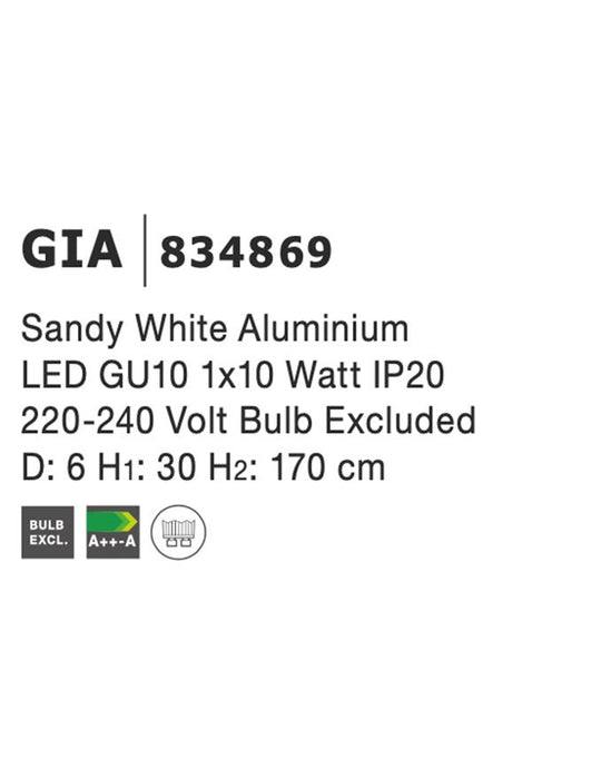 GIA Sandy White Aluminium LED GU10 1x10 Watt 230 Volt IP20 Bulb Excluded D: 6 H1: 30 H2: 170 cm