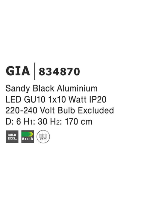 GIA Black Aluminium LED GU10 1x10 Watt 230 Volt IP20 Bulb Excluded D: 6 H1: 30 H2: 300 cm