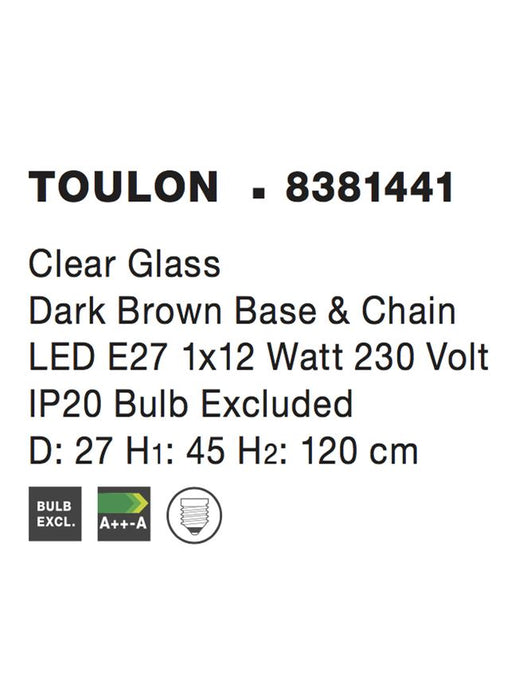 TOULON Clear Glass Dark Brown Base & Chain LED E27 1x12W IP20 Bulb Excluded D: 27 H1: 45 H2: 120 cm
