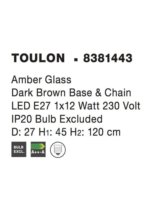 TOULON Amber Glass Dark Brown Base & Chain LED E27 1x12W IP20 Bulb Excluded D: 27 H1: 45 H2: 120 cm