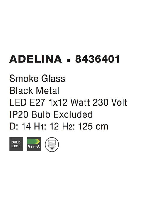 ADELINA Smoke Glass Black Metal LED E27 1x12 Watt 230 Volt IP20 Bulb Excluded D: 14 H1: 12 H2: 125 cm