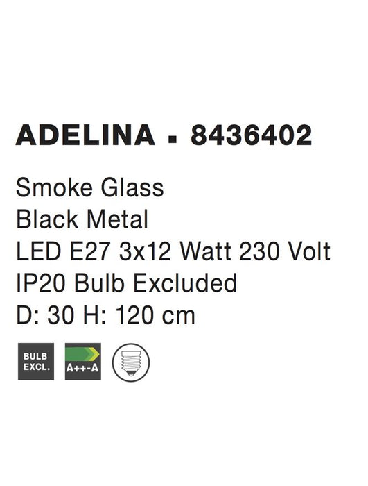 ADELINA Smoke Glass Black Metal LED E27 3x12 Watt 230 Volt IP20 Bulb Excluded D: 30 H: 120 cm