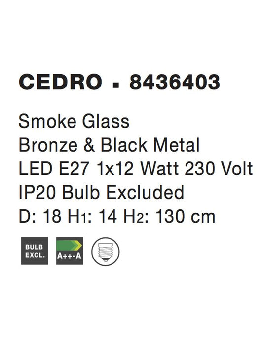CEDRO Smoky Glass Bronze & Black Metal LED E27 1x12 Watt IP20 Bulb Excluded D: 18 H1: 14 H2: 130 cm