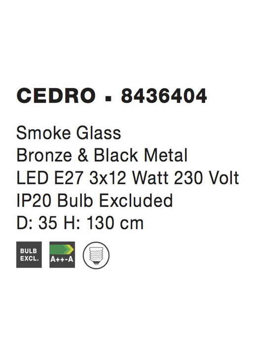 CEDRO Smoky Glass Bronze & Black Metal LED E27 3x12 Watt 230 Volt IP20 Bulb Excluded D: 35 H: 130 cm