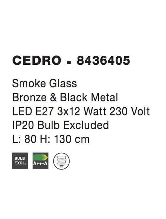 CEDRO Smoky Glass Bronze & Black Metal LED E27 3x12 Watt 230 Volt IP20 Bulb Excluded L: 80 H: 130 cm