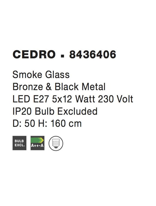 CEDRO Smoky Glass Bronze & Black Metal LED E27 5x12 Watt 230 Volt IP20 Bulb Excluded D: 50 H: 160 cm
