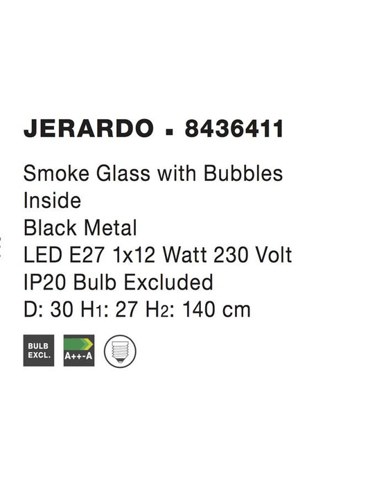 JERARDO Smoke Glass with Bubbles Inside Black Metal LED E27 1x12W IP20 Bulb Excluded D:30 H1:27 H2:140 cm