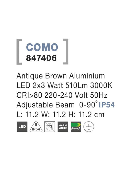 COMO Antique Brown Alum. LED 2x3 Watt 510Lm 3000K Adj. Beam L: 11.2 H: 11.2 cm IP54