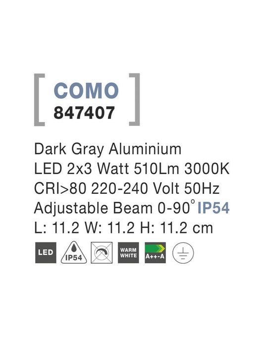 COMO Dark Gray Alum. LED 2x3 Watt 510Lm 3000K Adj. Beam L: 11.2 H: 11.2 cm IP54